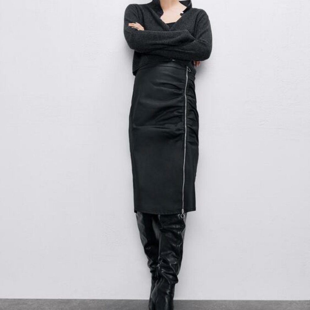 Black Zara Zipper-Front Wax Pencil Skirt (NWT)